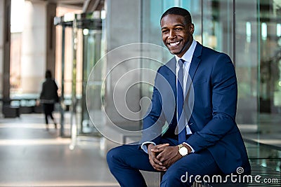 Handsome and stylish modern african american business man entrepreneur executive, sitting outside of office with cheerful smile Stock Photo