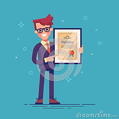 Handsome successful businessman holding diploma in his hands. Graduate of MBA. Modern illustration. Cartoon Illustration