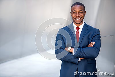 Handsome successful cheerful african american executive business man in modern stylish suit, CEO, copy space Stock Photo