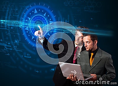 Handsome tech guys pressing high technology control panel screen Stock Photo