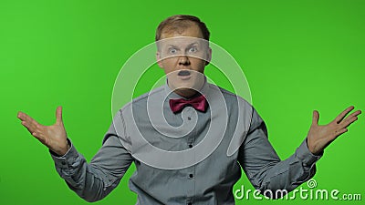 Man is mind blowing by your statement on chroma key background. Showing explosion of ideas Stock Photo