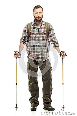 Handsome traveler with hiking poles Stock Photo