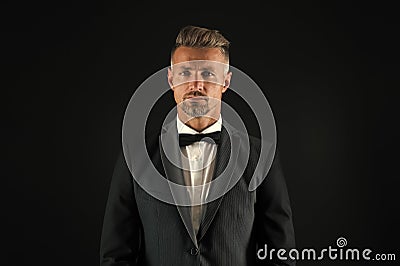 handsome tuxedo man. formal and business fashion. groomed male on special event. its wedding day. stylish art director Stock Photo