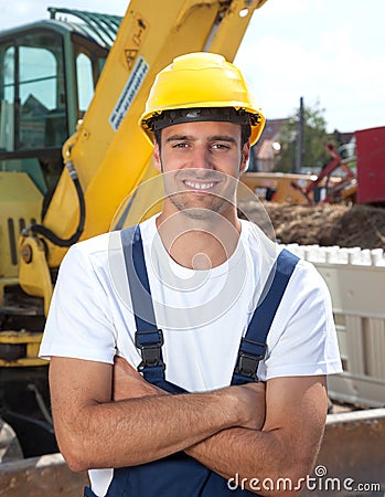 Laughing worker loves working on construction site Stock Photo