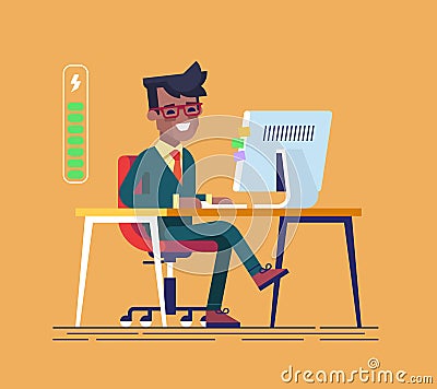 Handsome young black businessman character full of energy to work. Vector flat cartoon illustration. Cartoon Illustration