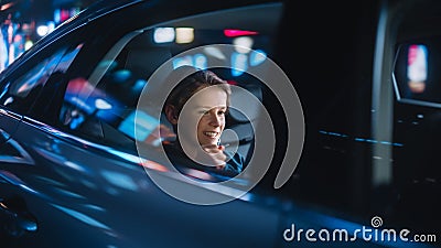 Handsome Young Boy is Sitting on Backseat of a Car, Commuting Home at Night. Passenger Playing Video Stock Photo