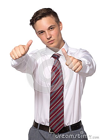 Handsome young businessman shows thumbs gesture on white Stock Photo