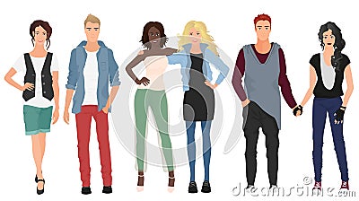 Handsome young guys with beautiful girls models couples in casual modern fashion clothes . People couples. Vector Illustration