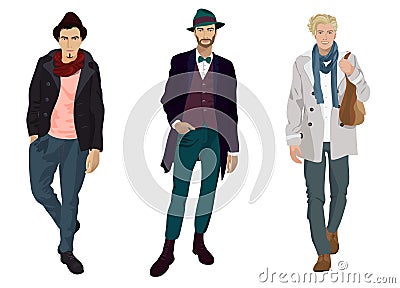 Handsome young guys in fashion and casual clothes isolated. Vector Illustration