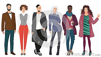 Handsome young guys men with beautiful cute girls models couples in casual street modern fashion clothes Vector Illustration