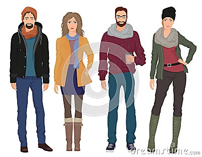 Handsome young guys men with beautiful girls models in autumn spring casual modern fashion clothes . People Vector Illustration