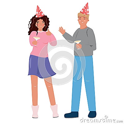 Handsome young lovers with glass of cocktail celebrating Happy Valentines day. Romantic illustration. Vector Illustration