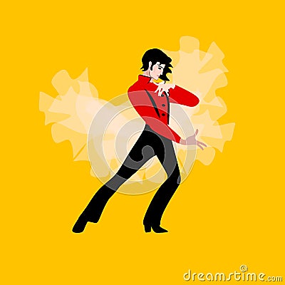 Handsome young man dancing flamenco. A white translucent scarf flies behind the man`s back and symbolizes wings and freedom Vector Illustration