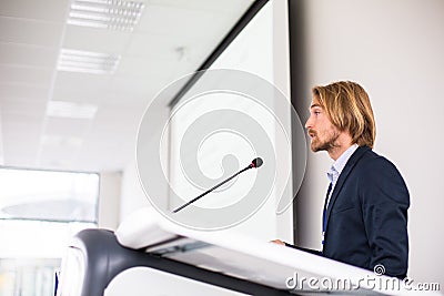 Handsome young man giving a speech Stock Photo