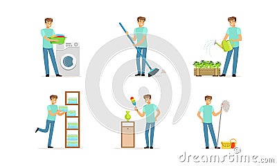 Handsome Young Man Occupied with Household Vector Illustrations Vector Illustration