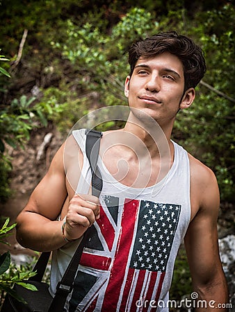 Handsome young man outdoor hiking in coutryside Stock Photo