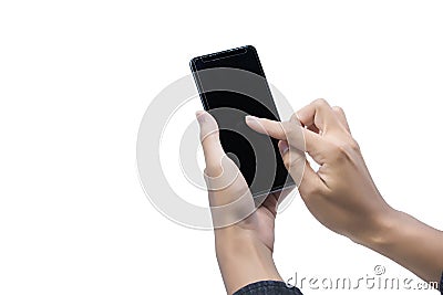 Handsome young man playing cellphone. Or printing financial and Stock Photo