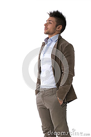 Handsome young man portrait, standing isolated on white Stock Photo