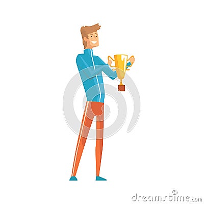 Handsome young sportsman holding winner trophy. Lucky guy. Cartoon male character in sport clothing with golden cup in Vector Illustration