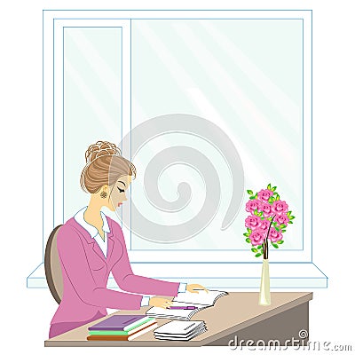 Handsome young teacher. The girl is sitting at the table near the window. A woman writes in a class journal. Vector illustration Cartoon Illustration