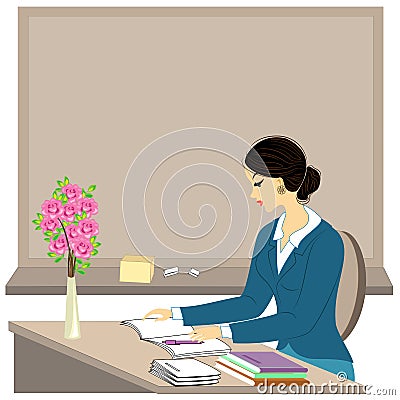 Handsome young teacher. The girl is sitting at the table near the window. A woman writes in a class journal. Vector illustration Cartoon Illustration