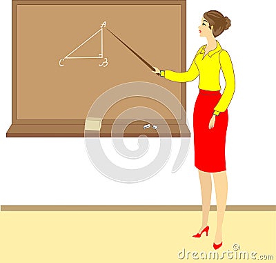 Handsome young teacher. The girl is sitting at the table near the window. A woman writes in a class journal. Vector illustration Cartoon Illustration