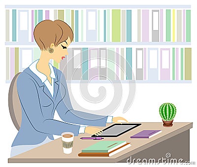 Handsome young teacher. The girl is sitting at the table near the window. A woman writes in a class journal. Vector illustration Cartoon Illustration