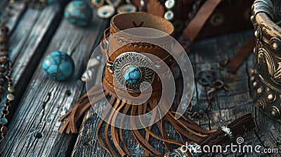A handstitched leather bracelet adorned with a shimmering turquoise stone and freeflowing fringe displayed on a Stock Photo