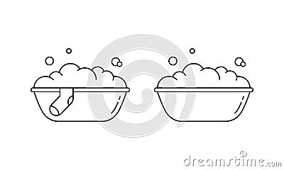 Handwash linear icon. Outline vector of plastic washing basin with foam, soap bubble, sock Vector Illustration