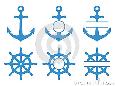 Handwheel and anchor icons. Sea ship. Vector monograms set isolated Vector Illustration