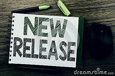 Handwriting Announcement text showing New Release . Business concept for Technology Software Update written on notebook book note Stock Photo