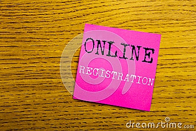 Handwriting Announcement text showing Online Registration. Business concept for Internet Login written on sticky note empty paper, Stock Photo