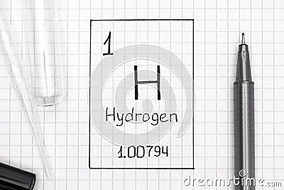 Handwriting chemical element Hydrogen H with black pen, test tub Stock Photo