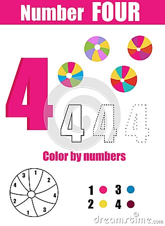 Handwriting practice. Learning mathematics and numbers. Number four. Educational children game, printable worksheet for kids Vector Illustration