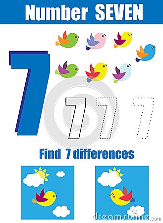 Handwriting practice. Learning mathematics and numbers. Number seven. Educational children game, printable worksheet for kids Vector Illustration