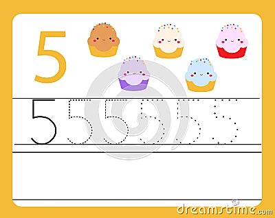 Handwriting practice. Learning numbers with cute characters. Number five. Educational printable worksheet for kids and toddlers wi Vector Illustration