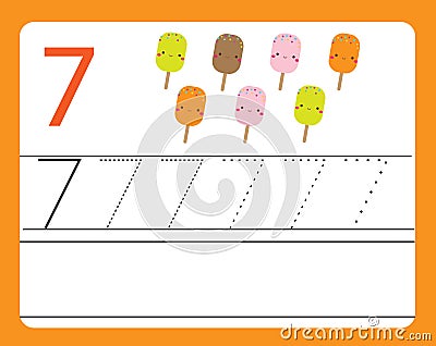 Handwriting practice. Learning numbers with cute characters. Number seven. Educational printable worksheet for kids and toddlers w Vector Illustration