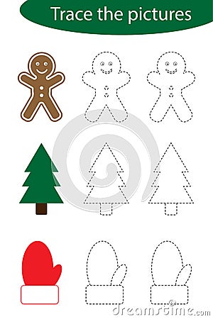Handwriting practice sheet, christmas, trace the pictures - gingerbread, tree, mitten, kids preschool activity Vector Illustration