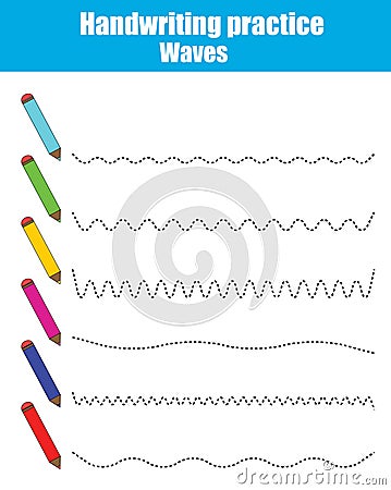 Handwriting practice sheet. Educational children game. Printable worksheet, drawing waves Vector Illustration