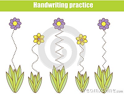 Handwriting practice sheet. Educational children game, printable worksheet for kids. Flowers tracing lines for kids and toddlers Vector Illustration