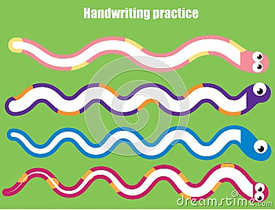 Handwriting practice sheet. Educational children game, printable worksheet for kids. Snakes and wavy lines Vector Illustration