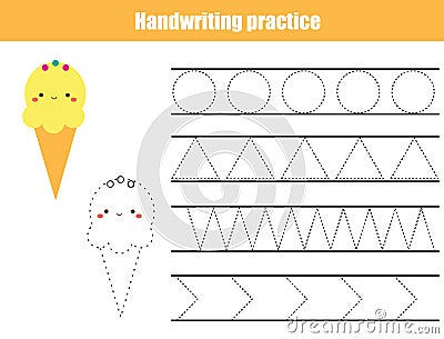 Handwriting practice sheet. Educational children game, printable worksheet for kids. Tracing lines and shapes Vector Illustration