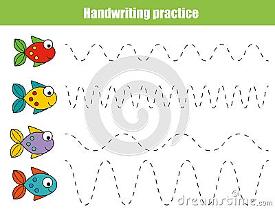 Handwriting practice sheet. Educational children game, printable worksheet for kids with wavy lines and fish Vector Illustration