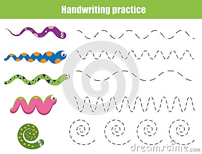 Handwriting practice sheet. Educational children game, printable worksheet for kids with wavy lines and snakes Vector Illustration