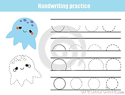 Handwriting practice sheet. Educational children game, printable worksheet for kids. Writing training printable worksheet. Arc sha Vector Illustration