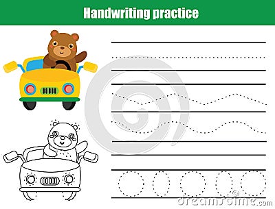 Handwriting practice sheet. Educational children game, printable worksheet for kids. Writing training, tracing lines. Vector Illustration