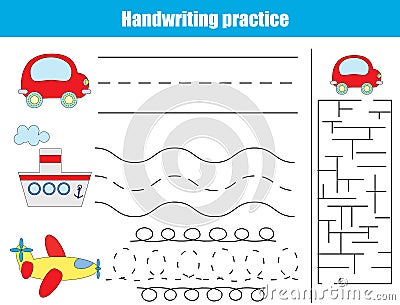 Handwriting practice sheet. Educational children game Vector Illustration