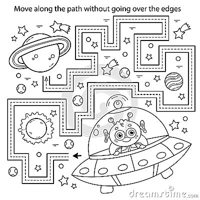 Handwriting practice sheet. Simple educational game or maze. Coloring Page Outline Of cartoon alien with a flying saucer in space Vector Illustration