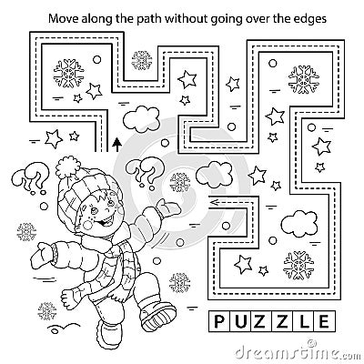 Handwriting practice sheet. Simple educational game or maze. Coloring Page Outline Of cartoon boy jumping for joy. First snow. Vector Illustration