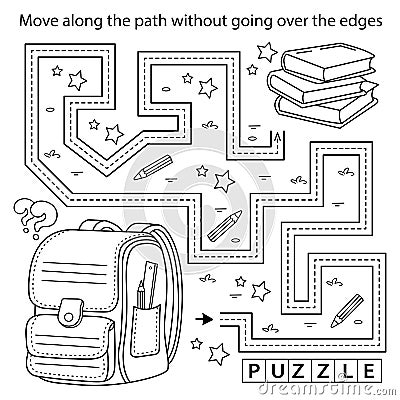 Handwriting practice sheet. Simple educational game or maze. Coloring Page Outline Of cartoon children satchel or knapsack with Vector Illustration